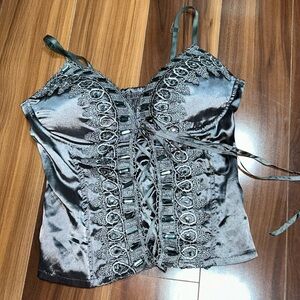 Medium / XL wildcat corset style stretchy bling grey top